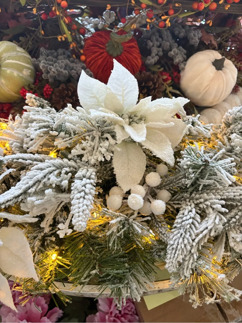 Holiday Flocked Pine and Poinsettia Garland with Warm LED Lights